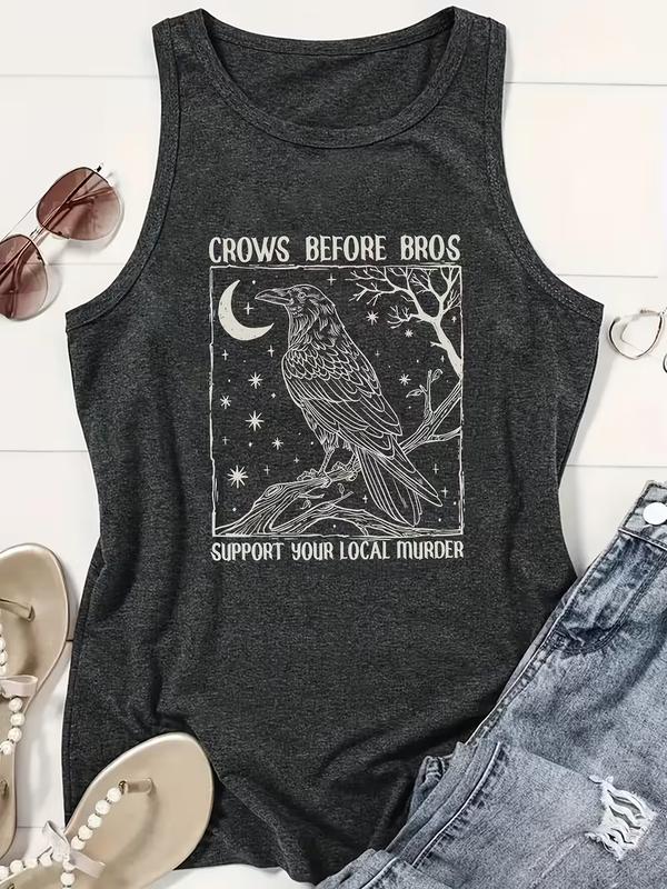 Women's Breathable Cotton-Elastane Oversized Vintage Night Crow Moon Star Graphic Heather Grey Tank Top, Dark Cottagecore Casual Outdoor Sleeveless Tank Tops