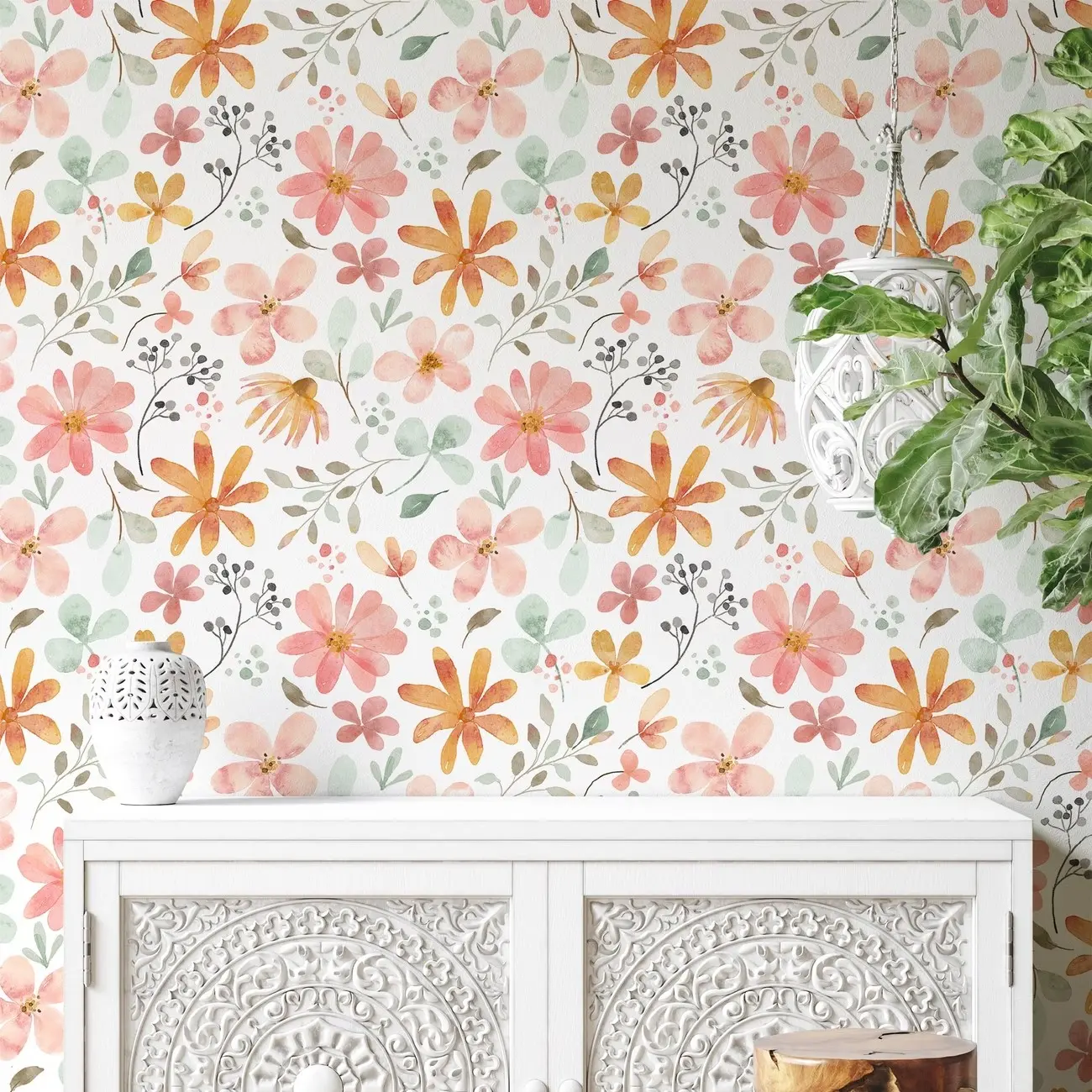 Fresh Pastel Floral Peel & Stick Wallpaper, Removable Watercolor Flower Contact Paper, Renter Friendly, Aesthetic Room Upgrade, Wedding Gift, Floral Peel And Stick Wallpaper