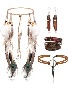 Jewelry Set for Women, Feather Headdress Dangle Earrings Leather Suede Choker Necklace Bracelet Hippie Bohemian Retro Jewelry A Fashionable Jewelry Set, Boho Jewelry Set