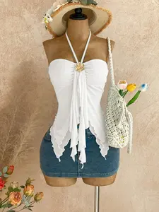 Women's Asymmetrical Hem Halter Top with Metal Decor, Summer Beach Vacation Dress, and Options, Stylish Beachwear