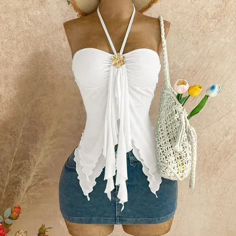Women's Asymmetrical Hem Top Halter Cut Out Fitted with Metal Decor, Summer Beach Vacation Dress, and Options, Stylish Chic Beachwear, Style, Metallic