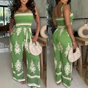 ChicMe Women's Vintage Floral Print Jumpsuit Square Neck Shirred Backless Overalls Tie Waist Wide Leg Long Pants One Piece Outfits