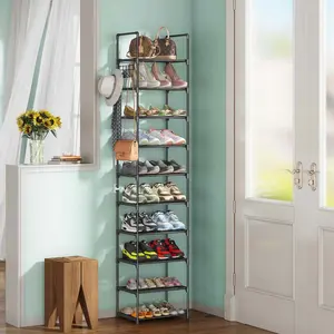 10-Tier Metal Shoe Rack, Narrow Stackable Shelf with Hooks, Shoe Tower for 20-24 Pairs of Shoes and Boots Organizer, Black Adjustable Room