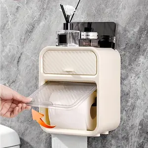 1pc wall mounted tissue holder, self-adhesive multifunctional waterproof toilet storage box, bathroom accessories, Bathroom Organizers, non drilling tissue box, bathroom toilet paper storage and organizer