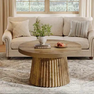 Tribesigns Modern Round Coffee Table, 31.5" Drum Base with Wood Finish for Living Room, Minimalist Accent Table, Brown