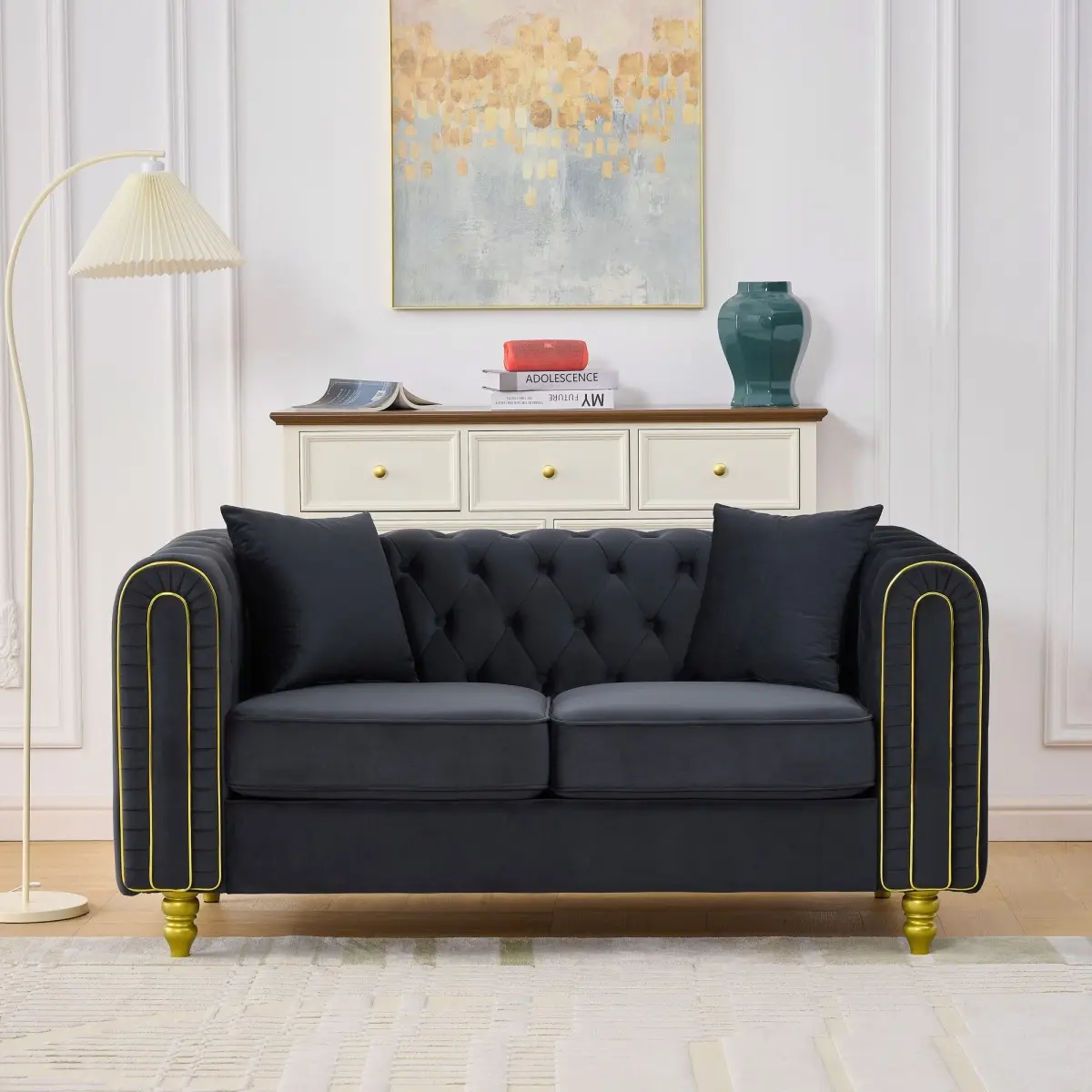 63-in Traditional Velvet 2-Seater Chesterfield Loveseat - Black Transitional Indoor Sofa, Button Tufting, Curved Rolled Armrests, Gold Wood Legs, 600 lbs Capacity, Sofas Living Room for Decorating Living Room, 600 lbs Capacity, Black Transitional Sofa, Ve