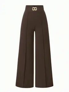 Women's Plain Wide Leg Pants with Belt, High Waist Metal Buckle Decor, Slim-Fitting Chic Casual Business Daily Wear, Fall & Winter