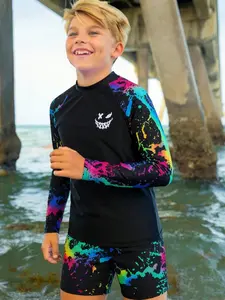 Boys' UV Protection Swimwear Set, Long Sleeve Quick-Dry Sunscreen Suit, Cartoon Print Diving Costume, Casual Loose Fit, Swimsuits with Shorts