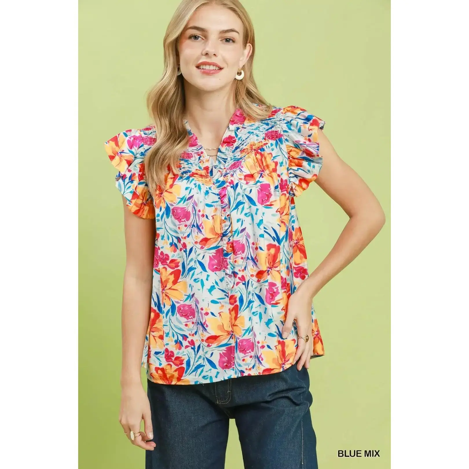 Umgee Women's Elegant Floral Draped Rayon Blend Blouse - Front Buttons, Smocked Yoke, Ruffled Short Sleeves, Lightweight, Breathable, Relaxed Fit, Casual, Layering Outfits, OOTD Ideas, Fashion Inspiration