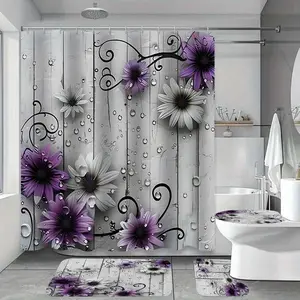 1/4 pcs Retro purple floral shower curtain set, festive design, non-slip floor mat, U-shaped carpet, toilet lid cover, Bathroom decoration accessories, bathroom decoration, partition, 12 shower curtain hooks included