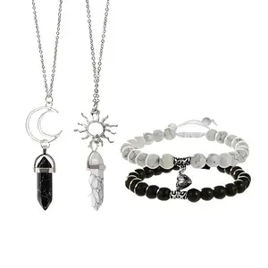 4-Pcs Jade Sun Moon Synthetic Stone Magnetic Couple Bracelets Friendship Long Distance Matching Turquoise Beaded Bracelets Women Men Gifts