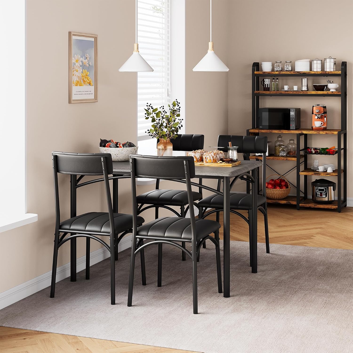 5-Piece Dining Table Set for 4, Modern Farmhouse Kitchen Table with 4 Upholstered Chairs, Space-Saving Dinette for Small Dining Room, Apartment, Breakfast Nook 5-Piece Dining Table Set for 4, Modern Farmhouse Kitchen Table with 4 Upholstered Chairs, Space-Saving Dinette for Small Dining Room, Apartment, Breakfast Nook