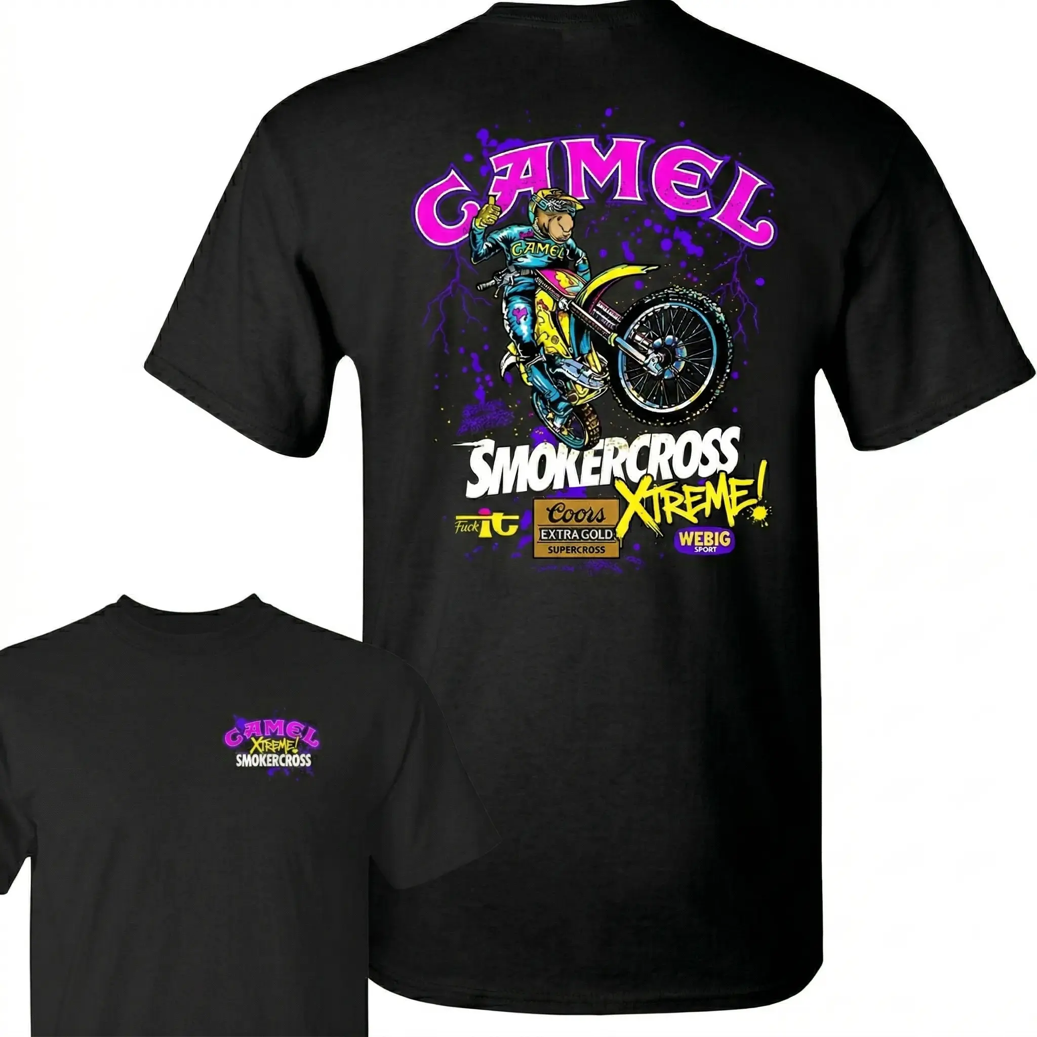 Men's SmokerCross Xtreme Fitted Round Neck Shortsleeve Cotton Biker T-Shirt - Neon Motocross Graphic Print, Retro 90s Motorcycle Racing Design, Double-Sided Casual Top for Dirt Bike Fans, Black Crewneck Menswear Ideal Gift Streetwear