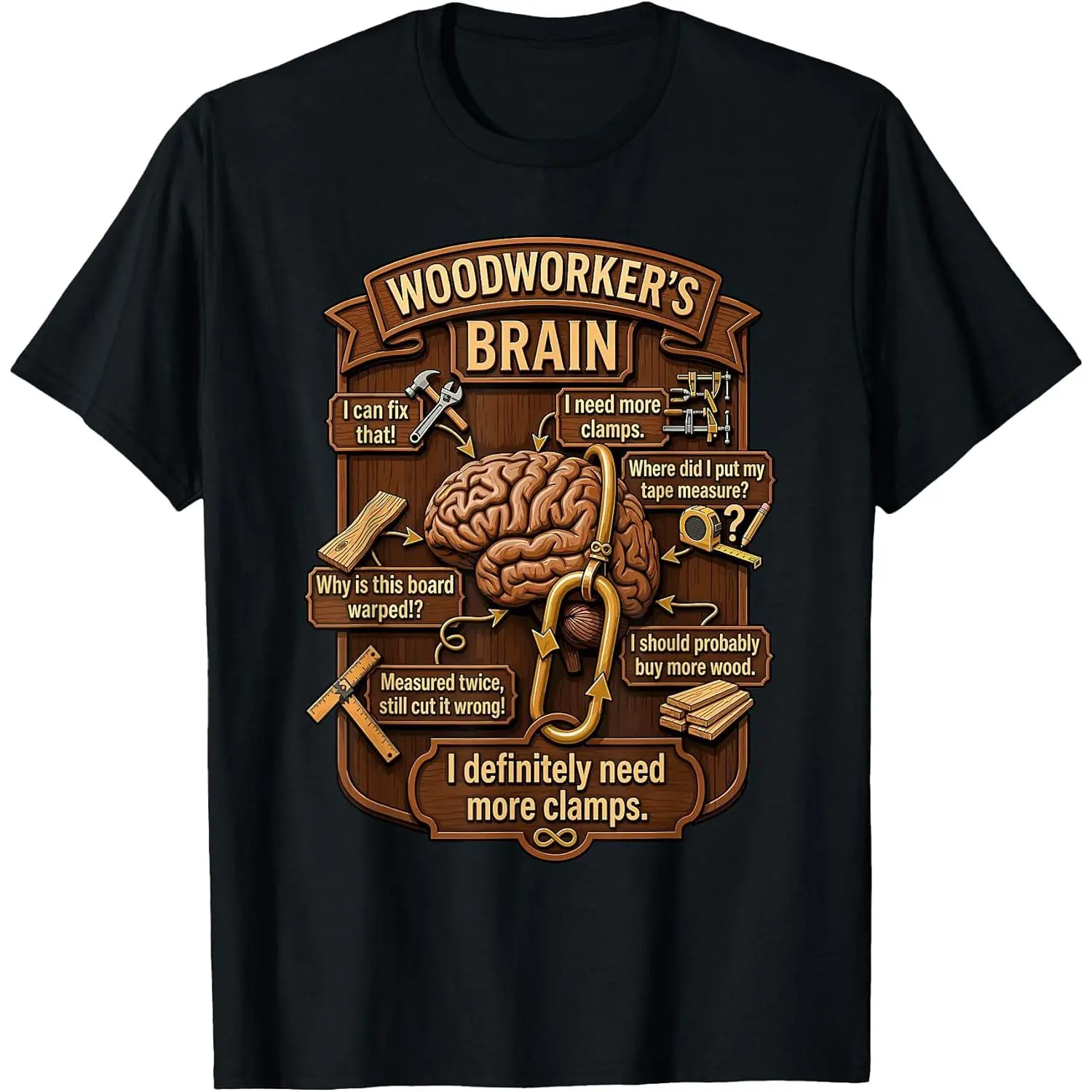 Woodworker Brain Funny Graphic T-Shirt, 100% Cotton Casual Short Sleeve Streetwear Top for Carpenters, Shortsleeve, Distressed, Tshirt, Whimsical Fun, Vintage, Distressed Look, Playful Print