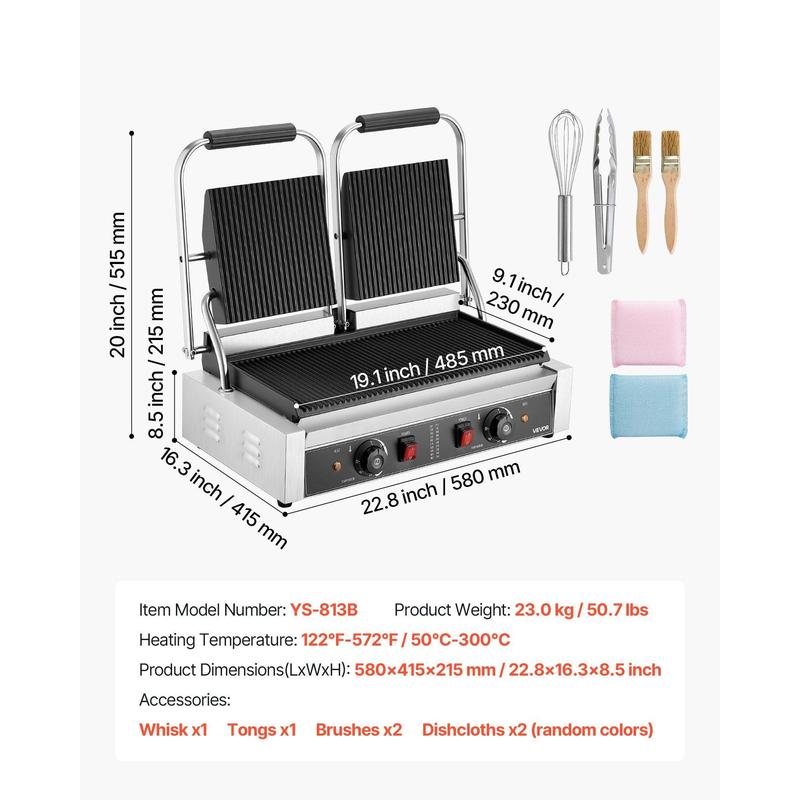 Commercial Panini Grill, 3600W Electric Sandwich Panini Maker, Stainless Steel Double Sandwichs Press with Handle and Temp Control, 19x9 in Full Grooved Enamel Plate, for Hamburger Steak Bacon