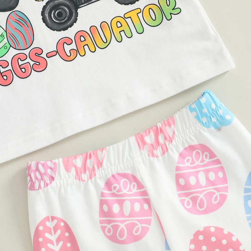 Girls Easter Outfit 6 9 12 18 24Months 2t 3t 4t Short Sleeve Tractor Print T-shirt with Eggs Print Flare Pants and Headband Summer Outfit
