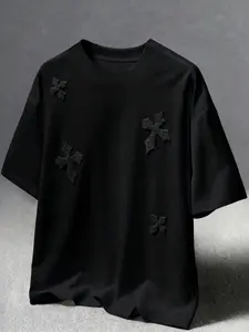 Unisex Velvet Cross Pendant Short Sleeve T-Shirt, High Street Dark Style Loose Fit Top, Summer Streetwear Couple