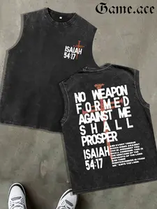 1 PCS GAME.ACE Retro Washed Black Sleeveless Tank Top, Front Gothic Cross Print + Back Jesus Christ Crown of Thorns Graphic, Christian Gothic Streetwear Style, Casual & Faith Wear, Great Gift for Religious & Streetwear Fans