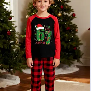 Christmas #67 Kids Pajama Set Six Seven Hat Theme Fashion Print Soft Fabric Holiday Gift Green Red Plaid Pants Machine Washable