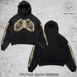Vintage Washed Skeleton Hoodie Y2K Grunge Graphic Pullover, 100% Cotton Oversized Streetwear Hooded Sweatshirt for Men Women, Motobike Riders Bike Fan Gear Cotton For Motor Fan