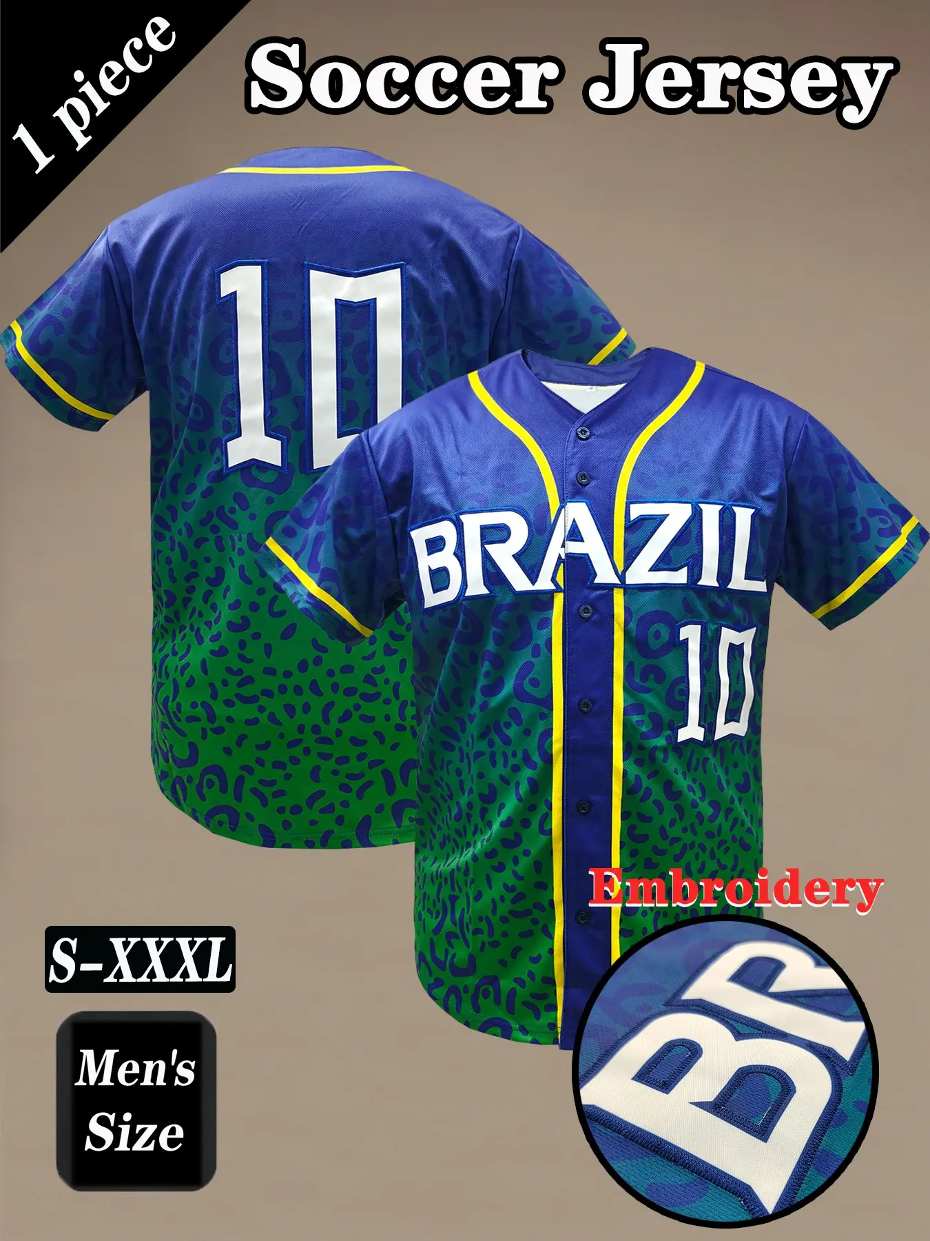Brazil #10 Retro Gradient Leopard Print Soccer Jersey, Loose-Fitting Short Sleeve, Casual Streetwear, All Seasons Football Culture, Football Uniform, Soccer Shirt