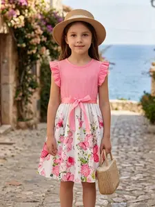 Girls' Butterfly Print Dress, Beach Vacation Style, Sleeveless Princess Dress, Casual Solid Pattern, Slim-Fitting, Summer Printed Dress