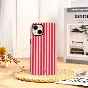 Trendy Red and Pink Stripes Initials Phone Case for iPhone 16 15 14 Pro Max, iPhone 16e iPhone 13 12 Mini SE Pro XR XS iPhone 15 Tough Cover