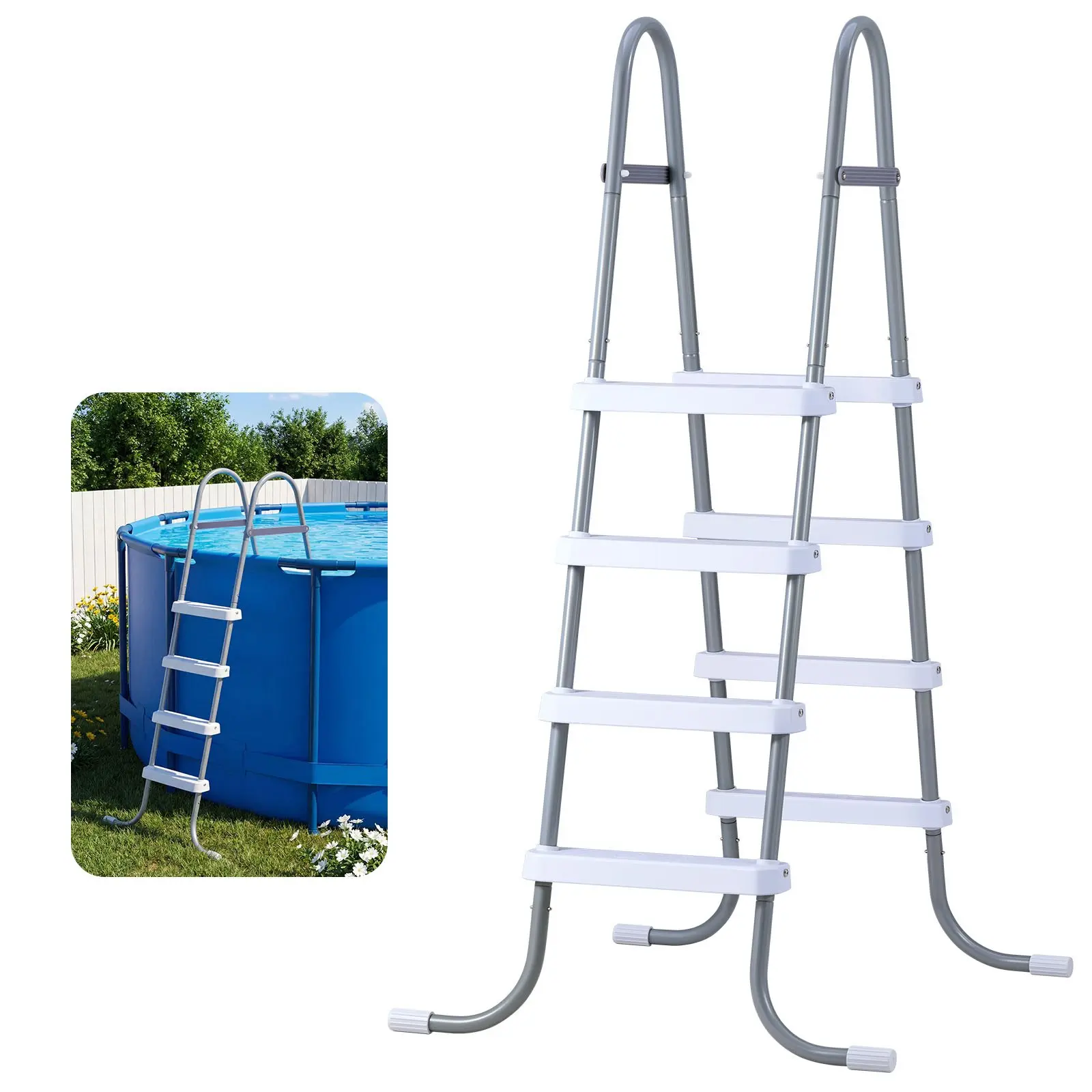 【Summerfinds】VEVOR Above Ground Pool Ladder, 4-Step Steel A-Frame Swimming Pool Stairs for 48 in High Wall, 300 lbs Capacity Entry/Exit Steps with Secure Non-Slip Sturdy Wide Step, Easy Setup, Gray & White