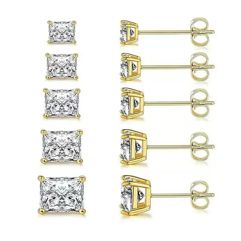 14K Gold-Plated Princess Cut Cubic Zirconia Stud Earrings for Men & Women – S925 Sterling Silver Posts, Square CZ Earrings simple unique multiple piercings hypoallergenic stainless steel everyday wear birthday anniversary gift trendy statement jewelry dai