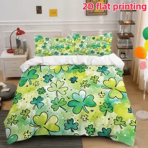 2D Flat 3Pcs St. Patrick's Day Clover Duvet Cover, Lucky Green Shamrock Pattern Comforter with 2 Pillowcases (No Filling), Soft Microfiber Bedding for Bedroom Dorm Decor.