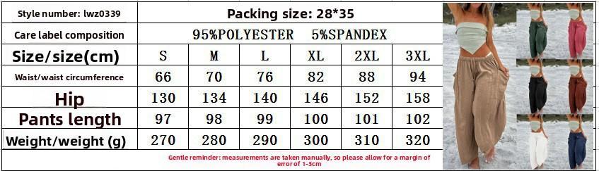 Women's Elastic Waist Pleated High Waist Wide Leg Pants Loose Casual Linen Cotton Long Trousers Breathable Summer Beach Outfit