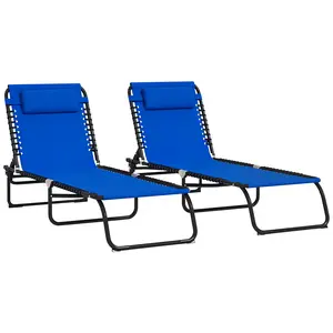 2 Folding Chaise Lounge Chairs – Blue. 4-Position Reclining Back + Adjustable Footrest. Breathable Mesh + Bungee Seat. Foldable + Lightweight. 264 lbs Cap