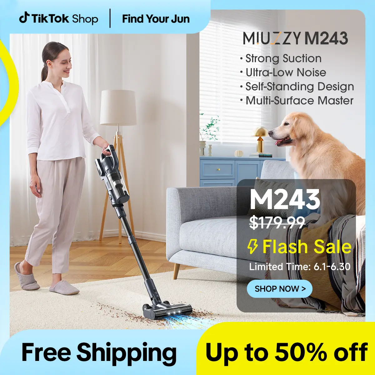 Cordless Vacuum Cleaner M243, 35kPa Powerful Suction, Stick&Handheld Vacuum, Lightweight Vacuum Cleaners for Home, Carpets, Hard Floor, Pet Hair, Cars