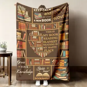 2026 New Comfortable Book Lover Flannel Blanket| Keep Calm and Read a New Book design, with bookshelf and heart pattern, hypoallergenic fabric, suitable for all seasons, perfect gift, suitable for bed, sofa, camping, and travel
