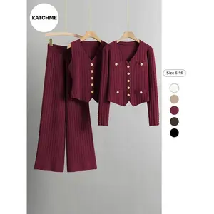 Lady Elegant Knit V-Neck Gold-Toned Button Vest & Wide Leg Trousers With Long Sleeve Cardigan Three-Piece Sets, Formal Casual Clothes, Womenswear