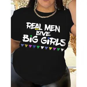 Large size letter-printed T-shirt, casual crew neck short-sleeved top Spring/Summer, women's plus size clothing