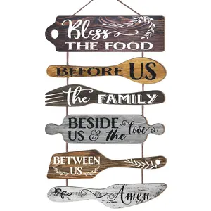2D Rustic Blessed Food Wooden Wall Decor Set, Creative Spoon Fork Cutting Board Design, Hanging Kitchen & Dining Room Decoration