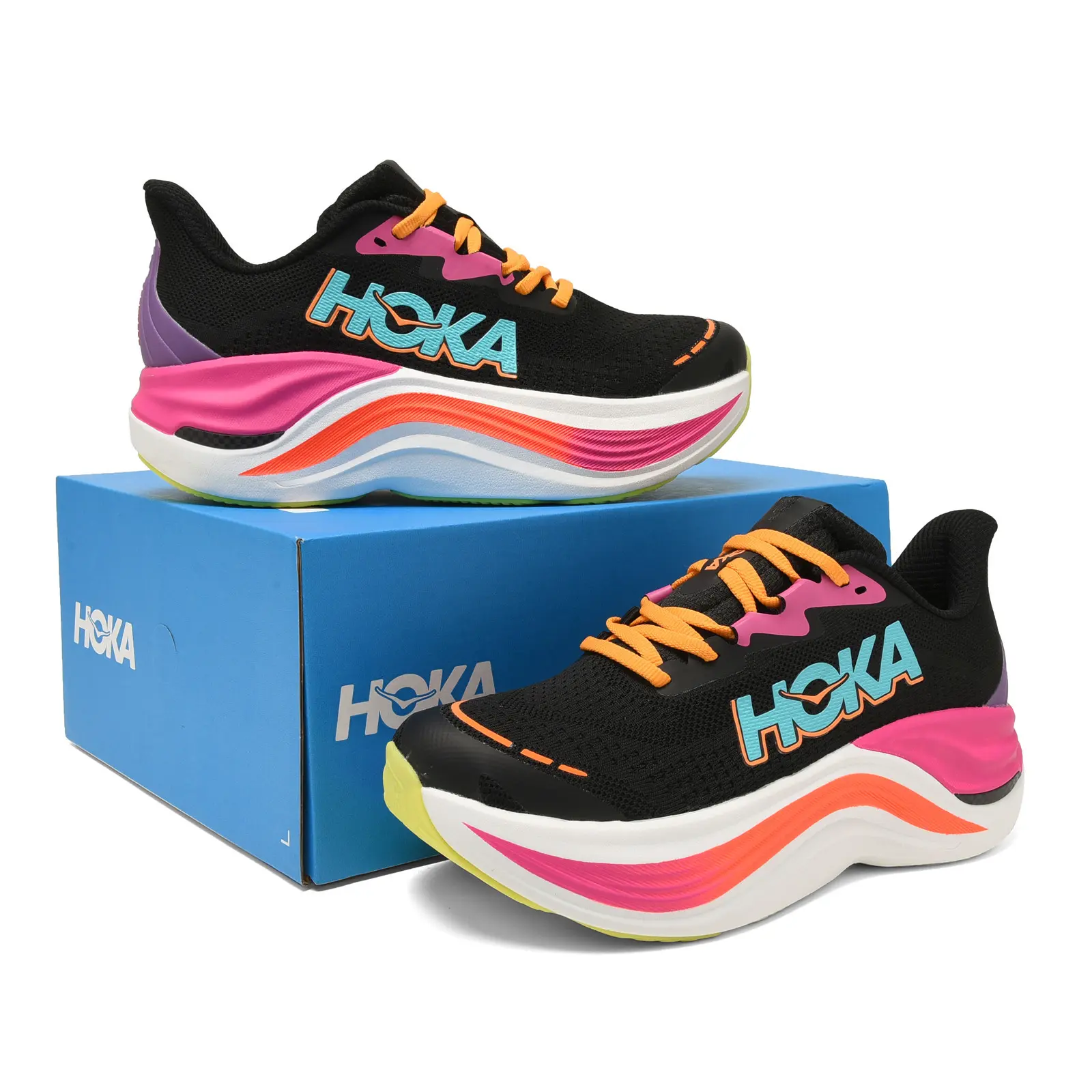Cool Black Flyknit Mesh Running Shoes with Pink & Orange Wavy Gradient Thick Midsole, Trendy Eye-catching Cushioned Female Sneakers for Commuting & Daily Outings