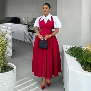 Women's Fashion 2025 Collection High-Waist Slimming Red Check Dress & White Bubble Sleeve Shirt Set Chic Elegant Style for Spring Summer Casual Wear - Clothes