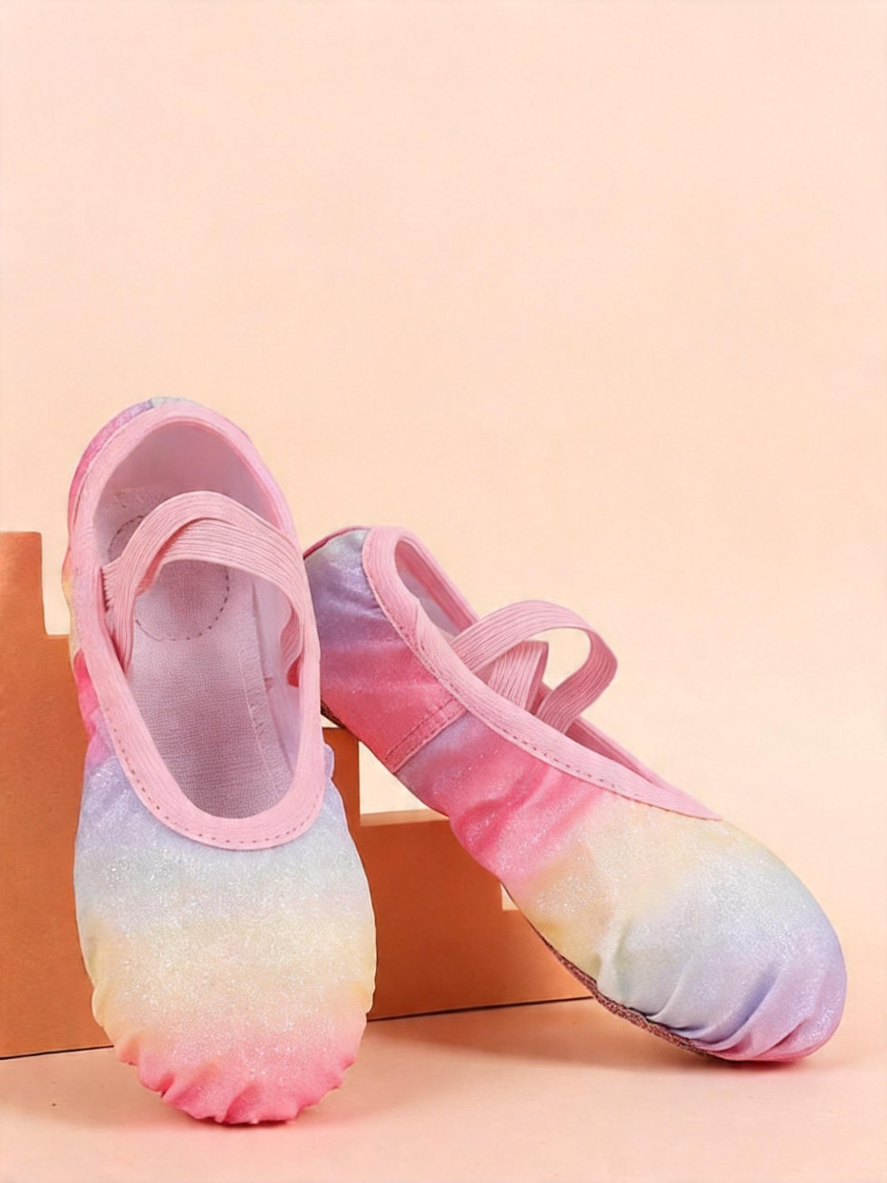 Children’s gradient glitter ballet soft-soled shoes, no laces required; rainbow glitter girls’ soft-soled dance practice shoes