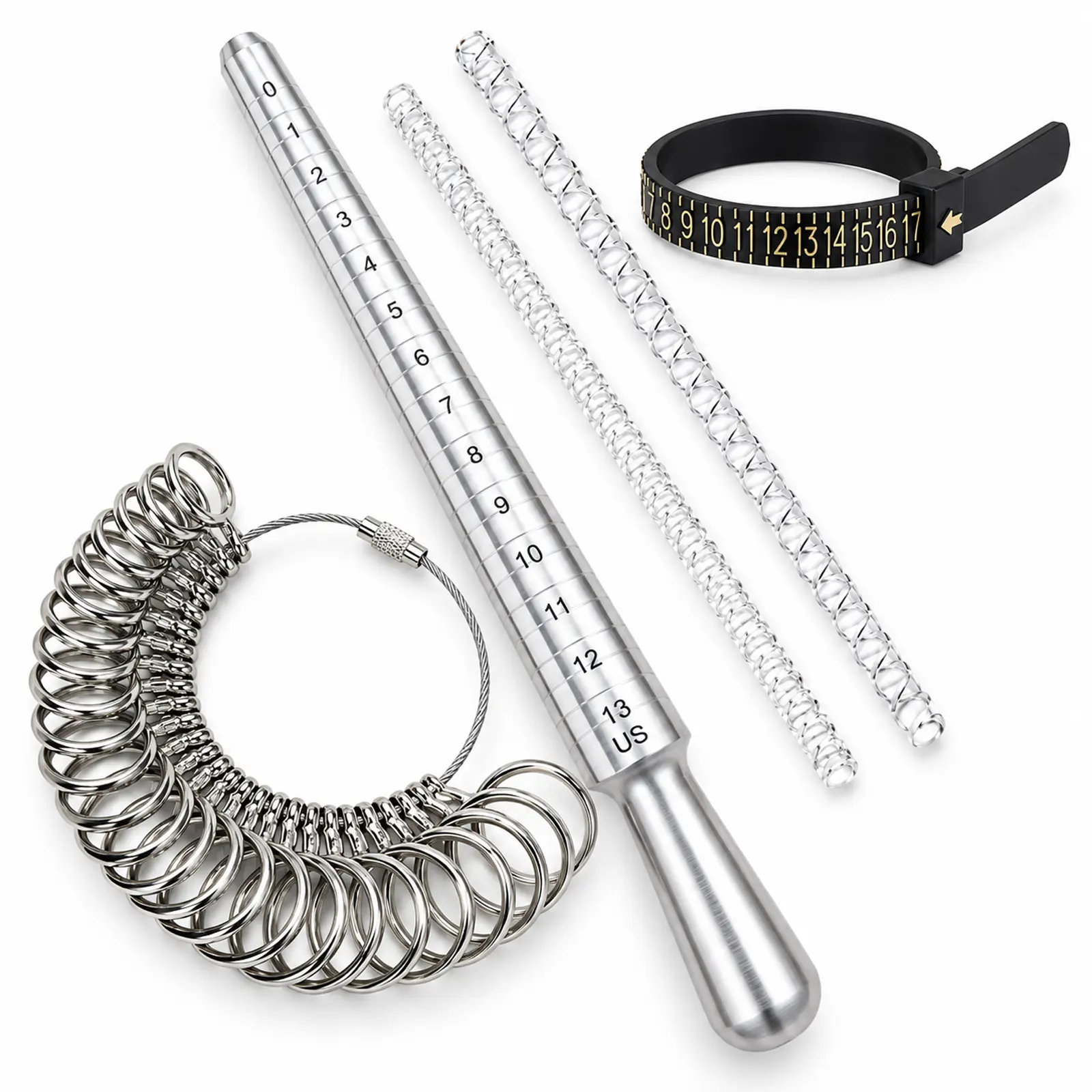 Ring Size Measuring Kit with Metal Mandrel, Ring Gauge, Finger Sizer and Invisible Ring Adjusters for Home Ring Sizing