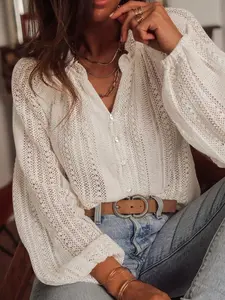 Women's French Bohemian Lace Hollow Out Shirt, V Neck Single Button Loose Fit Lantern Sleeve Top, Breathable Skin-Friendly Casual Blouse