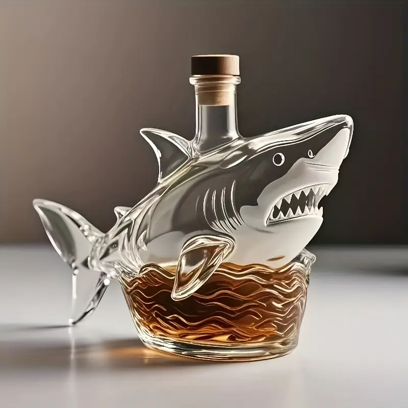 [Shark Glass Decanter] 1pc Three-Dimensional Shark-Shaped Glass Decanter, Decanting Bottle, Wine Aerator | High Borosilicate Glass Material - Resistant to Cold and Heat | Smooth and Easy to Clean, Hand Wash Only, Realistic Design, Whiskey Bottle, Home Bar