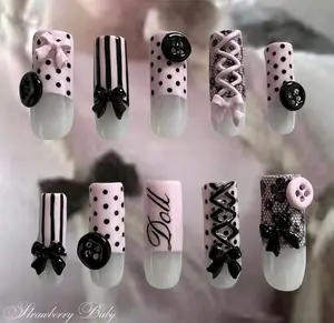 3D Corset Lace Bow Press On Nails | Gothic Dollcore Pink Black Polka Dot Square Nails