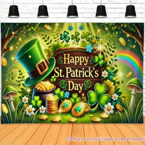 1PC 2D Flat Polyester Reusable Backdrop - Lucky Clover & Gold Coin Print, St. Patrick's Day Decoration, Birthday Decoration, Photography Banner & Party Curtain