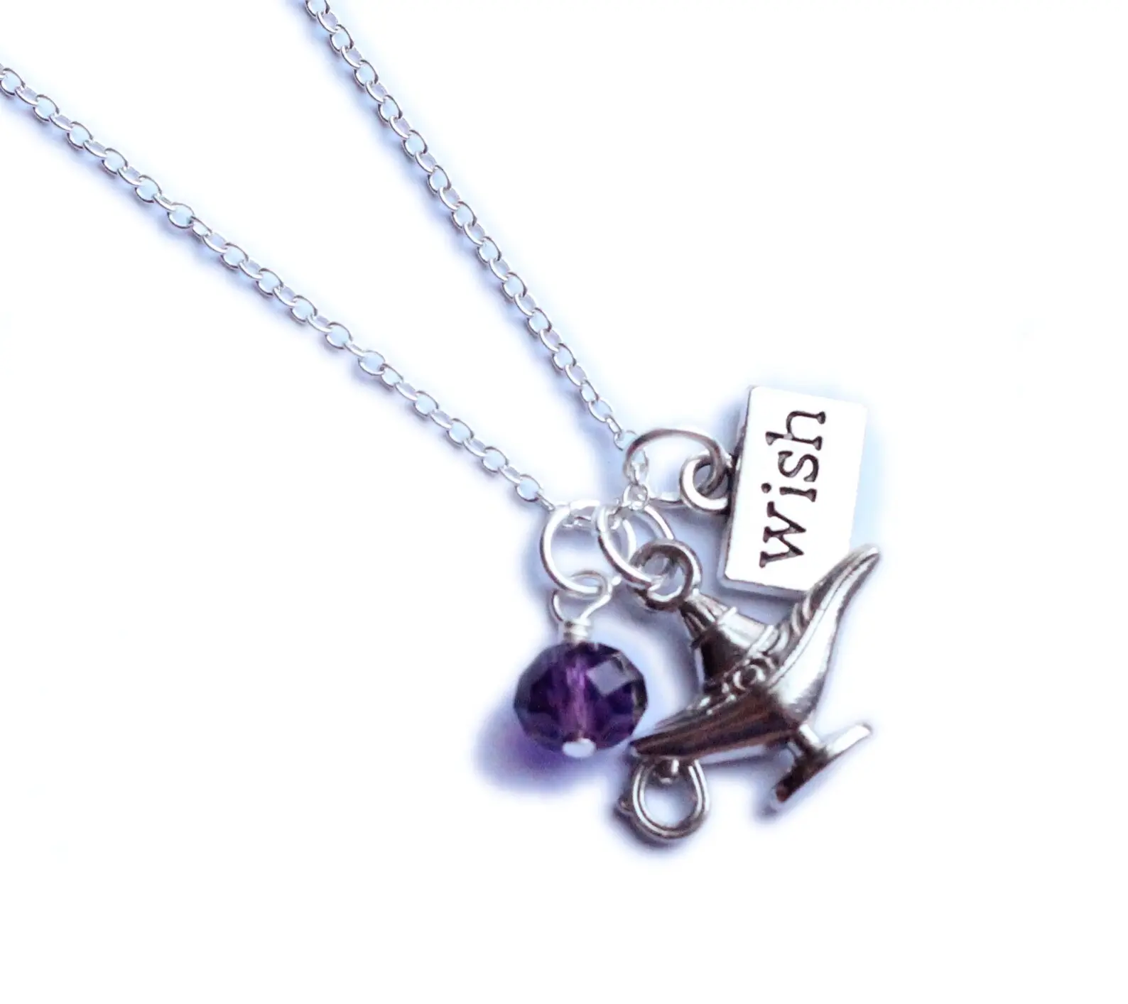 Magic Lamp Necklace with Purple Crystal Bead Silver Magic Lantern Charm & "Wish" Charm Unisex Silver-Plated Nickel-Free Chain