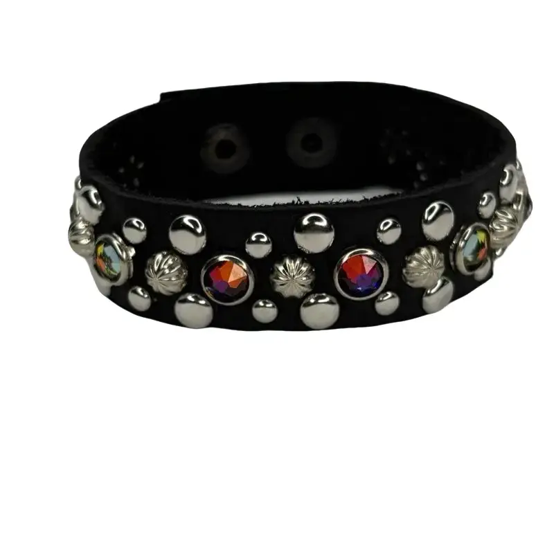 Y2K Punk Rock Austrian Crystal Studded Leather Cuff Bracelet, Concert Wear, Grunge