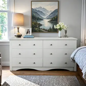 Wide 6 Drawer Double Dresser, Solid Wood Storage Chest Tower, Modern Wooden Drawer Cabinet, Large Capacity Organizer Furniture for Bedroom Living Room Home Household Clothes Sundries Storage Room Decor
