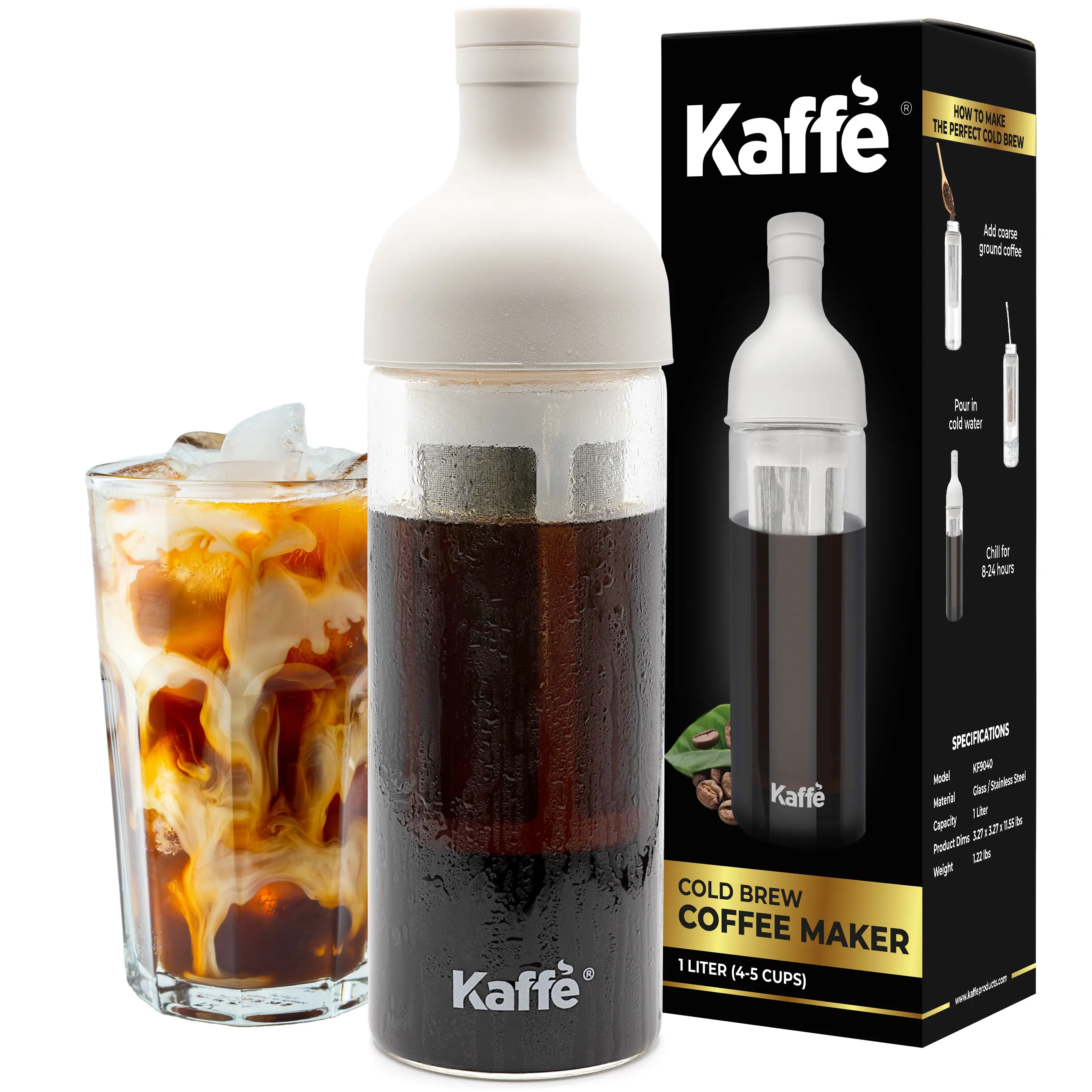 Kaffe Cold Brew Coffee Maker - 1L, Tritan Glass for Coffee & Tea, Easy-Clean Mesh Filter, Perfect Iced Coffee