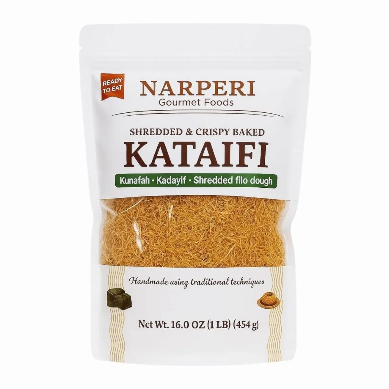 Narperi Gourmet Kataifi, Shredded Crispy Filo Dough, 1 lb, Vegan, Ready-to-Eat